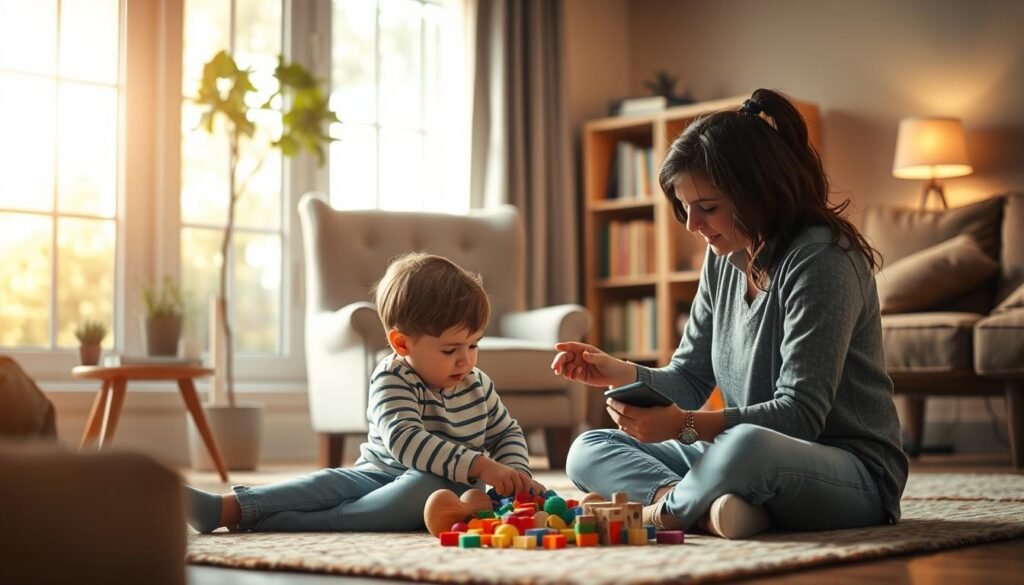 A peaceful, cozy living room scene. In the foreground, a parent sits on the floor, gently guiding a child with autism through a calming sensory activity, using soft textures and soothing colors. The middle ground features a comfortable armchair and a bookshelf, conveying a nurturing, educational environment. The background showcases warm, natural lighting filtering through large windows, creating a tranquil, autism-friendly atmosphere. The overall mood is one of understanding, patience, and a deep connection between the parent and child, reflecting a neurodivergent approach to gentle discipline.