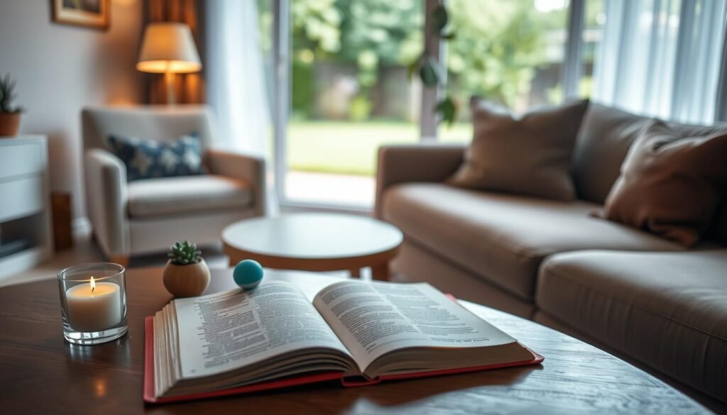 A peaceful living room with soft lighting and a calm atmosphere. In the foreground, an open book on a coffee table, surrounded by various mindfulness tools like a scented candle, a small succulent plant, and a stress ball. In the middle ground, a comfortable armchair and a couch, suggesting a space for reflection and family discussion. The background depicts a window overlooking a lush, serene garden, providing a calming, natural ambiance. The overall scene conveys a sense of introspection and the tools available for identifying and managing stress triggers within family dynamics.