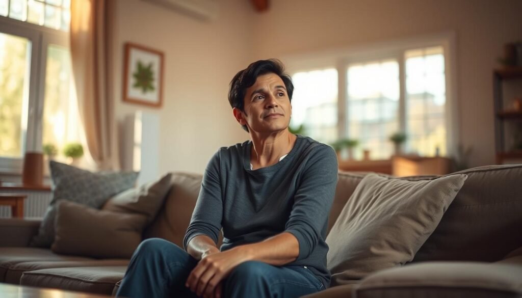 A peaceful living room with warm, natural lighting filtering through large windows. A parent sitting on a couch, their expression calm and thoughtful, as they contemplate their child's needs. The room is uncluttered, with a few carefully chosen pieces of furniture and decor, creating a serene atmosphere. The parent's posture is relaxed, yet attentive, conveying a sense of mindfulness and the importance of setting realistic expectations. The background is slightly blurred, allowing the viewer to focus on the parent's introspective moment. The overall mood is one of introspection, balance, and the pursuit of a positive parenting experience.