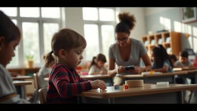 A peaceful, well-lit classroom setting with a group of diverse children engaged in various activities. In the foreground, a young child with autism spectrum characteristics sits at a desk, focused on a tactile manipulative. Gentle lighting filters in through large windows, creating a calming atmosphere. The middle ground features a teacher or therapist providing one-on-one support, guiding the child's learning. In the background, other students work collaboratively, demonstrating the inclusive nature of the environment. The scene conveys a sense of understanding, empathy, and the tailored support needed for a child with Level 1 autism characteristics to thrive in an educational setting.
