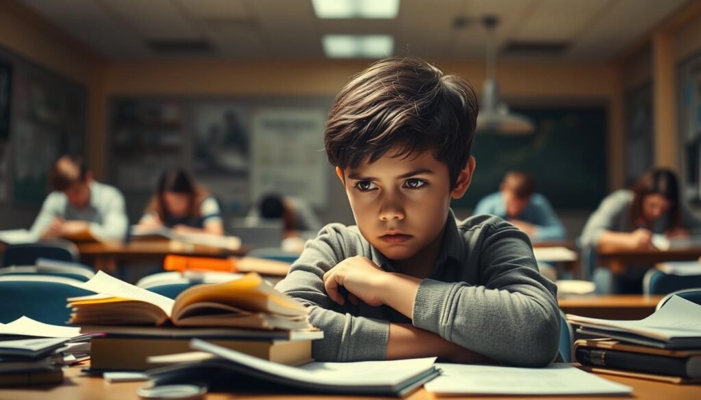 A pensive young student with an anxious expression sits at a desk, surrounded by scattered books and papers. The bright overhead lighting casts sharp shadows, creating a sense of tension and struggle. In the blurred background, other students work diligently, highlighting the cognitive performance gap. The subject's gaze is inward, contemplating the disconnect between their intellectual abilities and academic challenges. The scene is rendered with a realistic, photographic style, emphasizing the emotional weight of the situation.