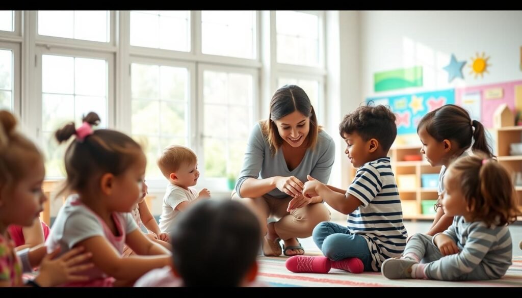 A preschool classroom with natural lighting streaming through large windows. In the foreground, a small group of children engaged in various activities, their faces expressing curiosity and concentration. In the middle ground, a teacher kneeling beside a child, gently guiding them through a task. The classroom walls are adorned with colorful educational displays and learning materials. The overall atmosphere is one of nurturing support and gentle guidance, reflecting the sensitive assessment of developmental delays in this early educational setting.