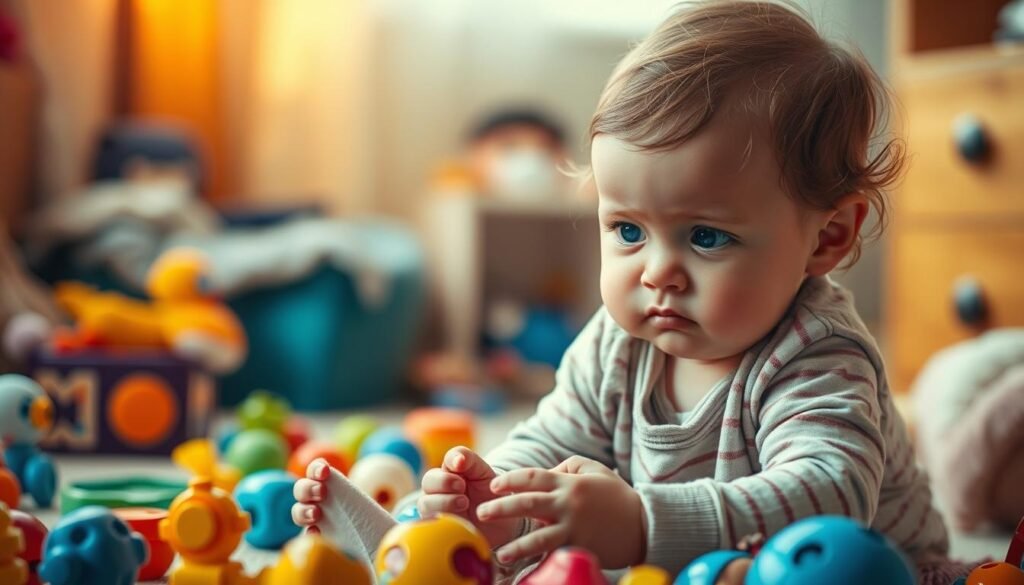 A scene depicting early signs of autism developmental milestones. A young child, around 18-24 months old, sitting on the floor, surrounded by various toys and objects. The child's gaze is focused intently on a single toy, displaying signs of hyper-focus and sensory sensitivity. The child's facial expression is neutral, with a slight frown, indicating a lack of social engagement. The room is softly lit, with warm tones, creating a calming atmosphere. The background is slightly blurred, emphasizing the child's focus on the toy. The overall scene conveys a sense of introspection and a need for understanding the unique needs of a child with autism.