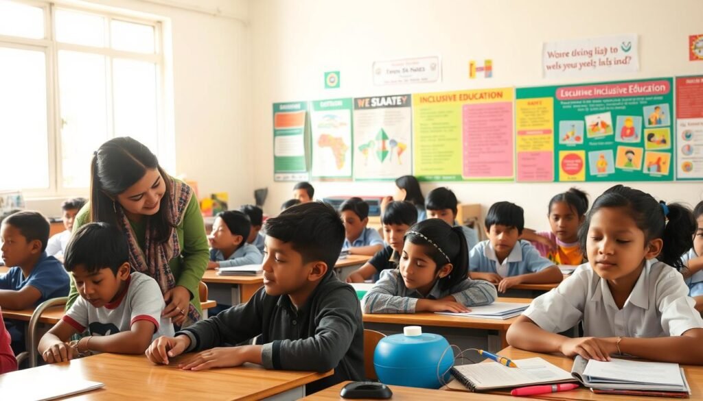 A schoolroom filled with diverse students, some with assistive devices, learning together in a supportive environment. Soft natural lighting filters through large windows, casting a warm glow on the scene. In the foreground, a teacher guides a student with focused attention, while other students collaborate at desks, their faces expressing curiosity and empathy. The middle ground showcases various educational aids and resources tailored to different learning needs. In the background, vibrant wall displays and educational posters convey the message of inclusive education and the importance of accommodating special needs in India.