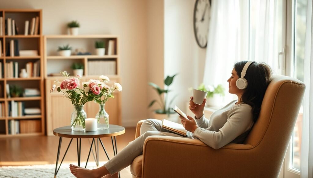 A serene and calming scene of a parent enjoying self-care activities. In the foreground, a parent sits comfortably on a plush armchair, reading a book and sipping a warm beverage. Soft, natural lighting filters through the windows, creating a cozy and relaxing atmosphere. In the middle ground, a small side table holds a vase of fresh flowers, a scented candle, and a pair of noise-cancelling headphones, symbolizing moments of tranquility and mindfulness. The background features a warm, neutral-toned color palette, with bookshelves and gentle potted plants, conveying a sense of peace and respite from the demands of parenting. The overall mood is one of self-reflection, rejuvenation, and the importance of taking care of one's own well-being.