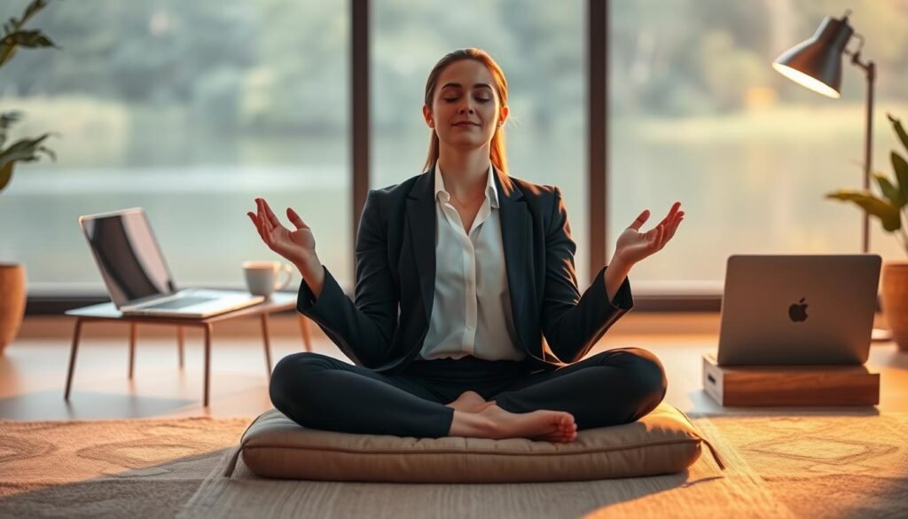 A serene and calming scene of a woman practicing mindful self-care. In the foreground, she sits cross-legged on a plush meditation cushion, eyes closed and palms upturned in a peaceful gesture. Warm, soft lighting bathes her face, conveying a sense of tranquility. In the middle ground, a minimalist workspace with a laptop, a cup of tea, and a small succulent plant, symbolizing balance and rejuvenation. The background features a tranquil natural landscape, perhaps a lush garden or a tranquil body of water, evoking a feeling of escape and emotional restoration. The overall mood is one of introspection, self-reflection, and a harmonious integration of work and personal well-being.