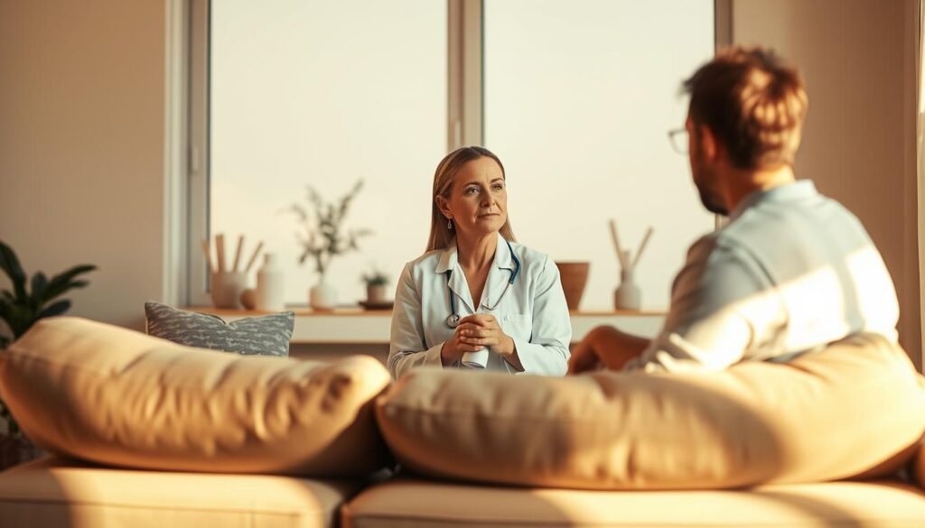 A serene and inviting therapy session, bathed in warm, soft lighting from a large window. In the foreground, a comfortable couch with plush cushions, inviting the viewer to sit and engage in introspection. At the center, a therapist, their expression calm and empathetic, listening intently to their client, whose pensive gaze reflects the weight of personal struggles. The background is a tranquil, minimalist space, with simple decor and neutral tones, creating an atmosphere of safety and openness. The overall scene conveys the importance of counseling and the transformative potential of the therapeutic process.