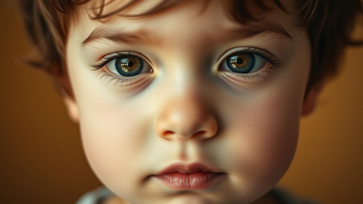 A serene, close-up portrait of a young child's face, with gentle, thoughtful eyes and a slight, pensive expression. The child's features are softly lit, creating a sense of introspection and inner world. The background is a warm, neutral tone, allowing the subject to be the focal point. The lighting is natural, with soft shadows and highlights that accentuate the child's delicate features. The lens is close, creating a sense of intimacy and connection with the viewer. The overall mood is contemplative, inviting the viewer to consider the unique perspective and experience of a child on the autism spectrum.