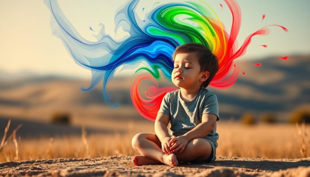 A serene, contemplative scene depicting the interplay between temperament and emotions. In the foreground, a young child sits cross-legged, their face a portrait of concentration, eyes closed as they navigate the ebb and flow of their inner world. Surrounding them, a swirl of vibrant hues - blues, greens, and reds - visualizing the dynamic connection between innate temperament and the subjective experience of feelings. The middle ground features subtle textures and patterns, hinting at the complex neural pathways that link personality traits to emotional responses. In the background, a softly blurred landscape serves as a calming backdrop, suggesting the broader environmental influences that shape a child's emotional development. Warm, natural lighting casts a gentle glow, evoking a sense of introspection and self-awareness.
