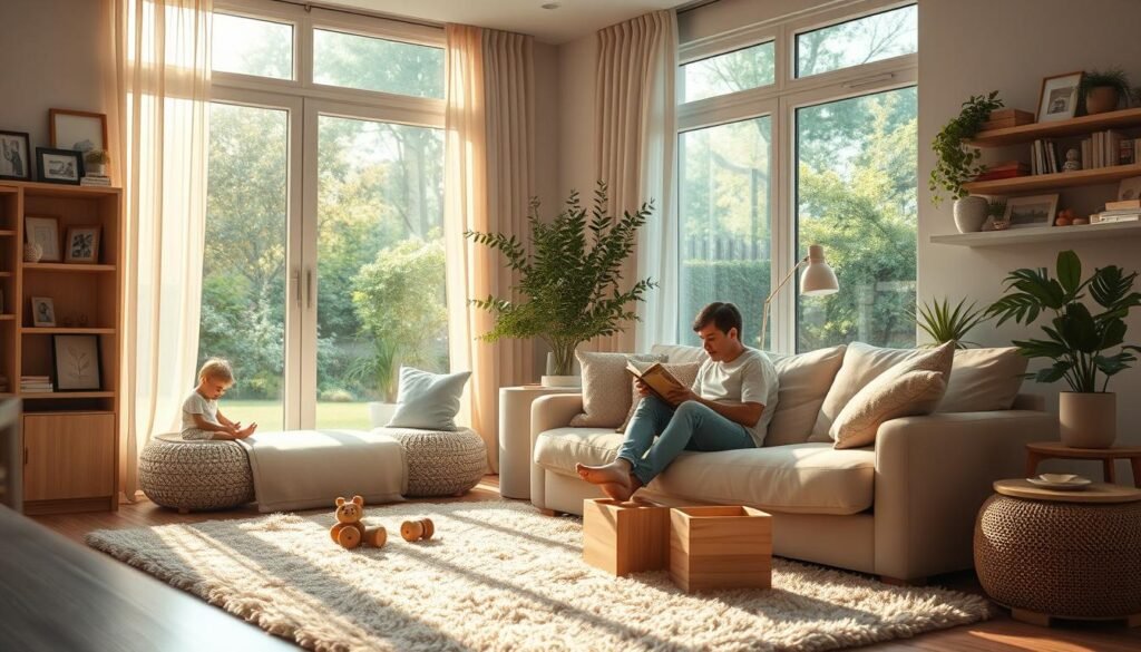 A serene family living room in a sun-dappled, cozy home. A soft-hued palette of neutrals and natural textures, with plush cushions and a fluffy area rug underfoot. Warm ambient lighting filters through sheer curtains, casting a gentle glow. In the foreground, a young parent relaxes on a comfortable sofa, reading a book as their child plays with wooden toys nearby. Shelves lined with family photos and greenery create a sense of tranquility. Through large windows, a lush, verdant backyard is visible, evoking a calming, restorative atmosphere. An embodiment of a stress-free, harmonious domestic haven.