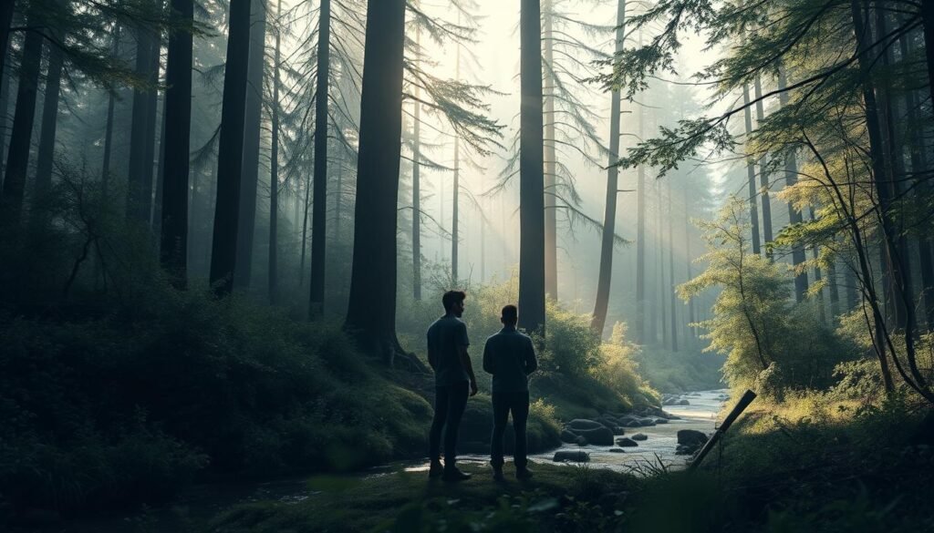 A serene forest landscape, with towering trees and a gentle stream cutting through the undergrowth. In the foreground, two figures stand in contemplation, one representing the innate, the other the environmental. The lighting is soft and diffused, creating a contemplative atmosphere. The scene is captured from a mid-distance, with a shallow depth of field that draws the viewer's focus to the central figures. The overall mood is one of thoughtful introspection, as the two perspectives on human development converge in this natural setting. A serene forest landscape, with towering trees and a gentle stream cutting through the undergrowth. In the foreground, two figures stand in contemplation, one representing the innate, the other the environmental. The lighting is soft and diffused, creating a contemplative atmosphere. The scene is captured from a mid-distance, with a shallow depth of field that draws the viewer's focus to the central figures. The overall mood is one of thoughtful introspection, as the two perspectives on human development converge in this natural setting.