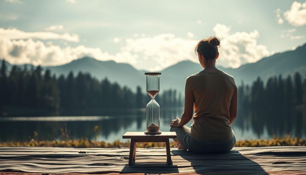 A serene landscape with a person sitting cross-legged in the foreground, deep in contemplation. Soft natural light filters through wispy clouds, casting a warm glow on the scene. In the middle ground, an hourglass stands on a simple wooden table, its sands slowly trickling down, symbolizing the passage of time and the process of personal growth. In the background, a tranquil lake reflects the surrounding trees and mountains, creating a sense of balance and harmony. The overall atmosphere conveys a feeling of introspection, self-awareness, and the gradual, organic development of one's emotional maturity.