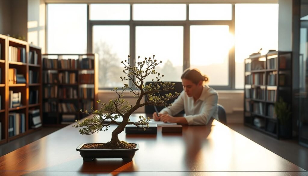 A serene office setting with a person sitting at a desk, deeply focused on a task. Soft natural lighting filters through large windows, casting a warm glow. On the desk, a visual metaphor for self-regulation - a small bonsai tree, its branches gently swaying, representing the person's inner balance and control. Bookshelves line the walls, hinting at the individual's pursuit of knowledge and personal growth. The overall atmosphere is one of calm, contemplation, and the steady development of emotional intelligence skills. A serene office setting with a person sitting at a desk, deeply focused on a task. Soft natural lighting filters through large windows, casting a warm glow. On the desk, a visual metaphor for self-regulation - a small bonsai tree, its branches gently swaying, representing the person's inner balance and control. Bookshelves line the walls, hinting at the individual's pursuit of knowledge and personal growth. The overall atmosphere is one of calm, contemplation, and the steady development of emotional intelligence skills.