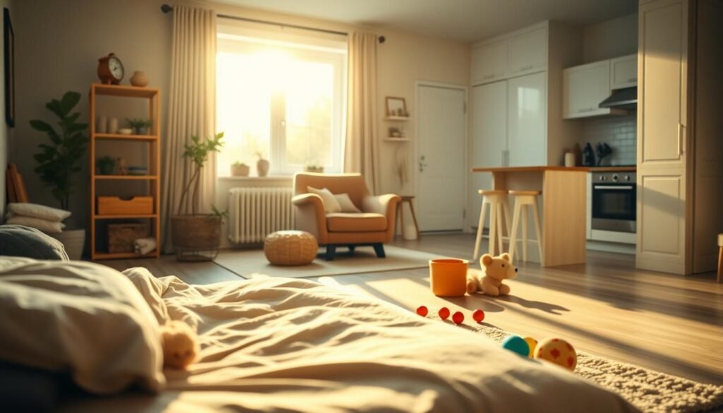 A serene, softly lit morning scene in a cozy, autism-friendly household. In the foreground, a child's room with muted colors, plush textiles, and sensory-friendly toys arranged neatly. The middle ground features an open living area with a comfortable armchair and a large window letting in natural light. In the background, a minimalist kitchen with clean lines and muted tones. The atmosphere is calming, with a warm, hazy glow from the morning sun. The overall composition conveys a sense of tranquility and structure, ideal for an autism-focused daily routine.