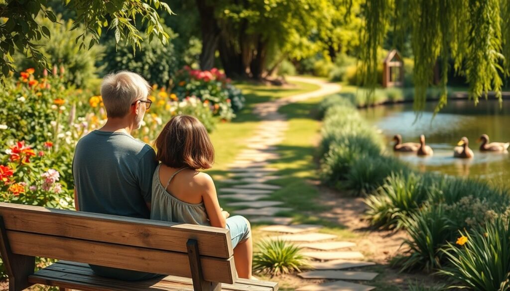 A serene, sun-dappled garden with lush greenery and vibrant flowers, symbolizing the growth and renewal that can come from accepting life's challenges. In the foreground, a parent and child sit together on a weathered wooden bench, their expressions reflecting a sense of understanding and comfort. The middle ground features a winding path leading into the distance, suggesting the long-term journey of acceptance. The background showcases a tranquil pond with a family of ducks, mirroring the harmony and resilience that can emerge over time. Warm, soft lighting bathes the scene, creating an atmosphere of hope and healing.