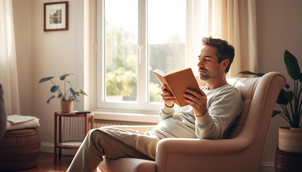 A serene, sun-dappled living room, with a comfortable armchair positioned near a large window overlooking a peaceful garden. In the chair, a parent sits reading a book, a cup of herbal tea by their side, their expression one of calm contemplation. Soft, warm lighting filters through the room, lending a soothing, introspective atmosphere. The space is uncluttered, with minimalist decor that promotes a sense of tranquility. The parent's posture is relaxed, their body language conveying a moment of self-care and mindfulness amidst the demands of parenthood.