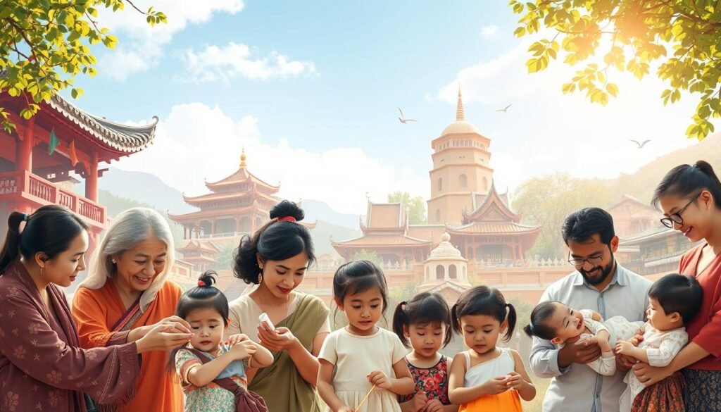 A serene, sun-dappled scene depicting different cultural perspectives on patience in parenting. In the foreground, a multiracial group of parents gently guiding their children through various tasks, their expressions radiating calm and understanding. The middle ground showcases diverse parenting styles - from a grandmother patiently teaching traditional crafts to a father tenderly soothing a crying infant. In the background, a tapestry of cultural influences - ornate temples, bustling markets, and tranquil nature spaces - all contributing to the overall sense of harmony and respect for different approaches to raising children with care and wisdom.