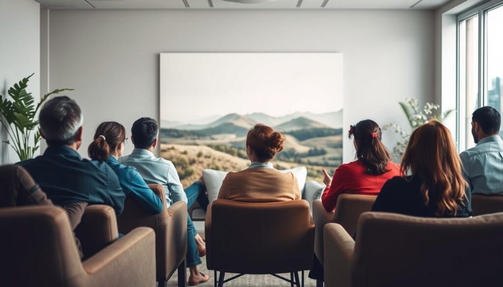 A serene therapy session unfolding, showcasing the unique journeys of diverse individuals. In the foreground, a diverse group of people seated in comfortable chairs, each engrossed in their own introspective process. Mid-ground, a warm, inviting therapy space with soft lighting and soothing natural elements, conveying a sense of safety and trust. In the background, an abstract landscape symbolizing the individual paths and varying timelines of personal growth and transformation. The overall mood is one of contemplation, vulnerability, and the acknowledgment of the uniqueness of each person's therapeutic experience.