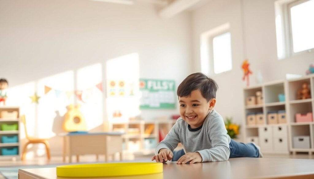 A serene, well-lit classroom setting showcases the evidence-based benefits of therapy for special needs children. In the foreground, a child engages enthusiastically with a therapist, their bond and progress evident. The middle ground features educational aids, visual cues, and assistive technologies that facilitate learning. In the background, a warm, nurturing environment with natural light streaming through windows highlights the inclusive, supportive atmosphere. Soft pastel colors, clean lines, and a sense of calm convey the positive impact of therapeutic interventions on the academic and social development of children with special needs.
