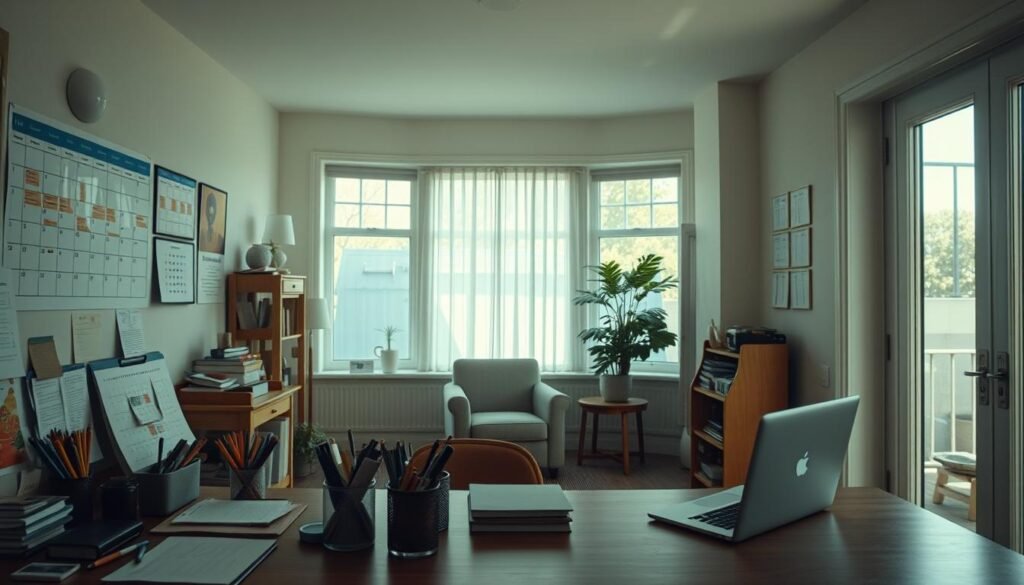 A serene, well-lit room with a warm, inviting atmosphere. In the foreground, a neatly organized desk with various stationery items, a laptop, and a calendar prominently displayed. On the walls, visually structured schedules and timetables are pinned, providing a sense of predictability and routine. The middle ground features a comfortable armchair and a small side table, creating a cozy reading nook. In the background, large windows allow natural light to flood the space, casting a soft, calming glow. The overall scene conveys a sense of order, structure, and tranquility, reflecting the importance of predictable routines for autistic individuals.