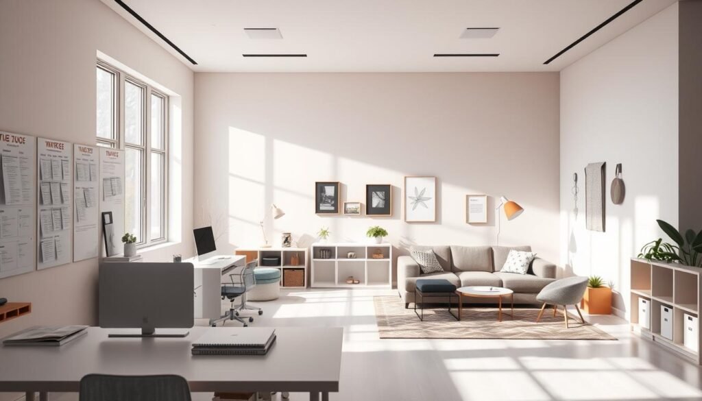 A structured, organized environment designed for an autistic individual's daily routine. In the foreground, a clean, minimalist workspace with task-specific stations and a visual schedule. Soft, natural lighting filters through large windows, creating a calming atmosphere. In the middle ground, cozy seating areas and sensory-friendly decor encourage relaxation and self-regulation. The background features soothing, neutral-toned walls and carefully curated sensory elements, like textured panels and gentle ambient sounds, to promote focus and reduce stress. The overall scene conveys a sense of order, predictability, and comfort - the foundation for a sustainable daily routine for an individual on the autism spectrum.