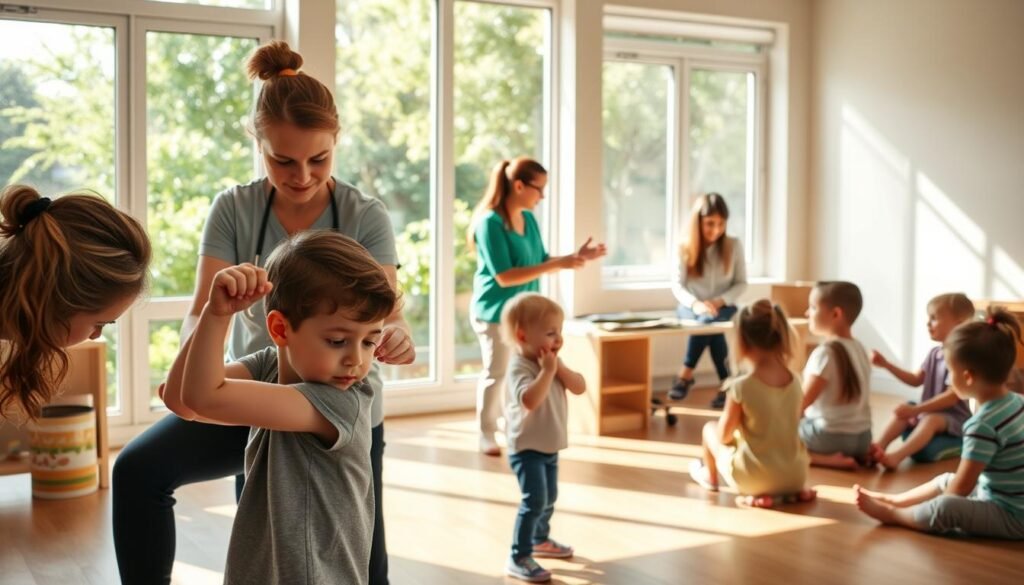 A sunny, warm clinic room with large windows overlooking a lush, green garden. In the foreground, a physical therapist guides a young child with a disability through gentle exercises, their faces filled with concentration and determination. Behind them, an occupational therapist works one-on-one with another child, using specialized equipment to improve fine motor skills. In the background, a speech-language pathologist engages a group of children in a collaborative speech therapy session, their laughter and smiles conveying a sense of progress and joy. The scene radiates an atmosphere of compassion, expertise, and a steadfast commitment to empowering children with disabilities through the transformative power of therapy.