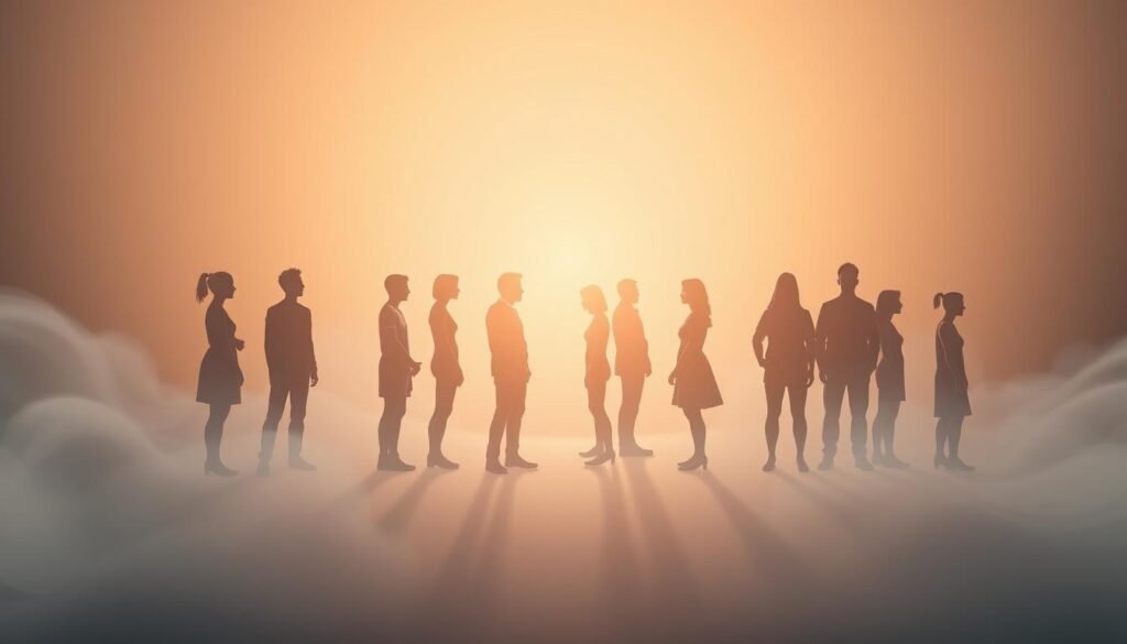 A tranquil, diffuse light illuminates a spectrum of human figures, each with unique traits and experiences, symbolizing the diversity of the autism spectrum. The figures are arranged in a flowing, organic composition, their silhouettes blending together yet maintaining individual identities. The background is a soft, muted palette, creating a sense of calm contemplation. Subtle textures and hues suggest the complexities and nuances inherent in understanding autism as a spectrum disorder. The overall scene conveys a sense of harmony, inclusivity, and the celebration of differences.