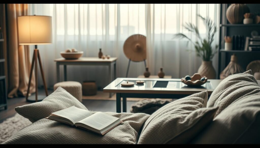 A tranquil, sensory-friendly environment for neurodivergent connections. In the foreground, a cozy reading nook with plush, textured cushions and neutral-toned fabrics. Soft lighting from a floor lamp casts a warm glow. In the middle ground, a minimalist desk with tactile fidget toys and a calming water feature. The background features muted, earthy tones with natural textures like woven baskets and driftwood accents. Diffused daylight filters through sheer curtains, creating a soothing ambiance. The overall atmosphere evokes a sense of comfort, calm, and mindfulness - a space designed to nurture meaningful connections.