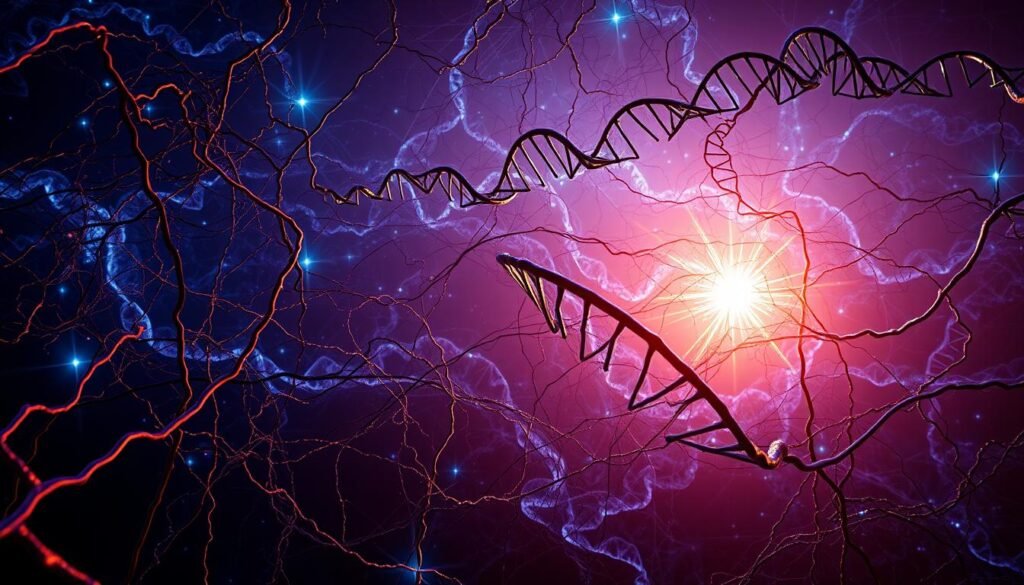 A vast, intricate network of neural pathways, glowing with hues of blue and violet, weaves through a complex landscape. Strands of DNA, twisted and intertwined, cast intricate shadows across the scene, hinting at the delicate balance of genetic factors that shape neurodevelopmental disorders. Bursts of energy crackle and pulse, illuminating the delicate interplay between genetics and neurological function. The image is captured with a cinematic wide-angle lens, bathed in a warm, soft light that accentuates the depth and drama of the scene, inviting the viewer to explore the hidden mechanisms underlying learning disabilities.