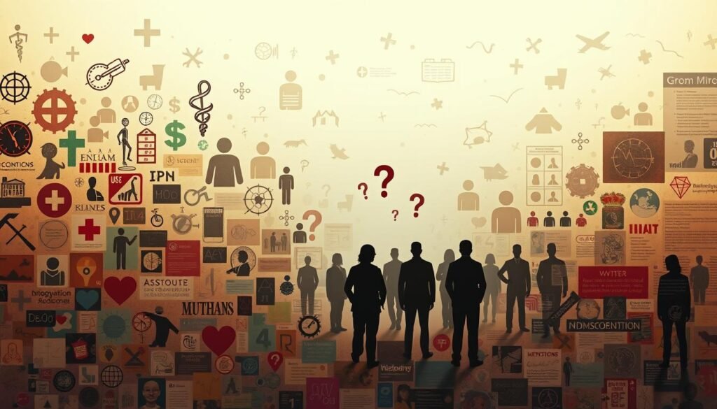 A vibrant collage depicting various health misconceptions and autism misinformation. In the foreground, a muddled mix of medical symbols, icons, and distorted data visualizations convey the complexities of these topics. The middle ground features silhouetted figures, some with question marks hovering, representing the confusion and uncertainty surrounding these issues. The background is a hazy, muted landscape filled with fragmented information and conflicting narratives, creating a sense of the pervasive nature of these misconceptions. Soft, diffused lighting illuminates the scene, lending an air of contemplation and the need for clarity. The overall composition evokes the challenges of addressing and debunking the common myths and misinformation surrounding health and autism.