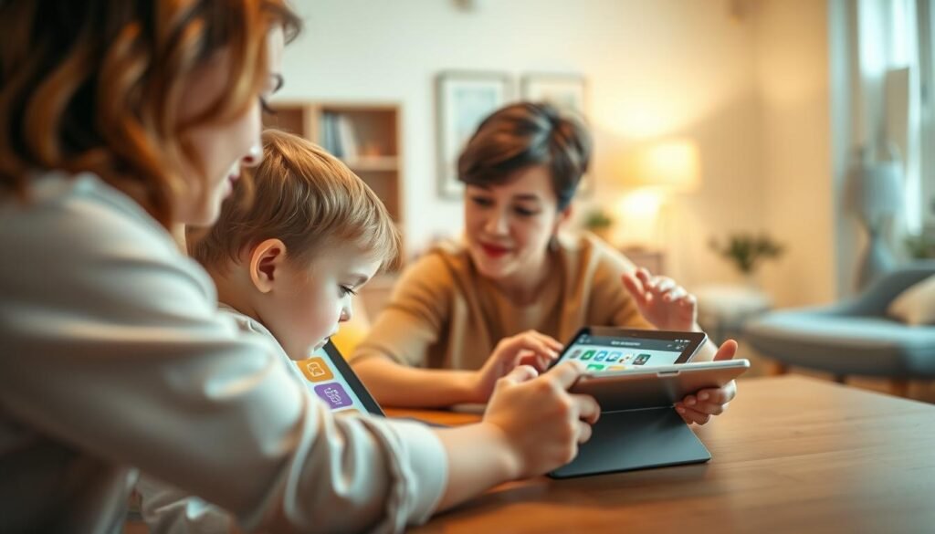 A visually engaging image depicting early intervention strategies using visual schedules for children with autism. In the foreground, a young child sitting at a table, intently focusing on a colorful visual schedule displayed on a tablet device. The middle ground showcases a parent or educator guiding the child through the schedule, using warm, reassuring gestures. The background features a cozy, well-lit room with soothing pastel tones, creating a calming, nurturing environment. The lighting is soft and diffused, highlighting the collaborative nature of the interaction. The overall mood is one of patience, understanding, and the empowering use of visual aids to support the child's transition and preparation before leaving home.