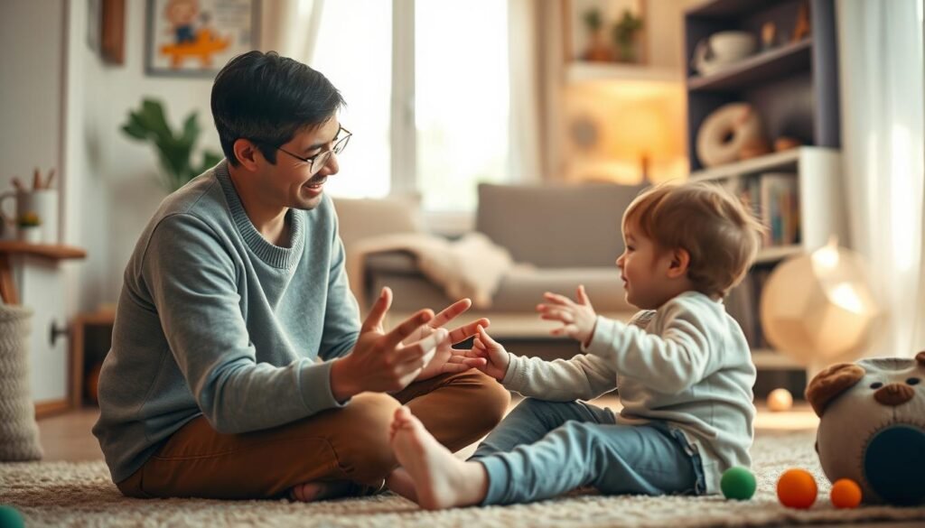 A warm, comforting home setting with a parent and child engaged in positive, attentive interaction. The parent sits on the floor, making eye contact and using gentle, expressive body language to guide the child through a calming activity like sensory play or a structured game. Muted, earthy tones create a soothing atmosphere, with soft lighting illuminating the scene. The background subtly hints at tools and resources for autism support, such as visual schedules or sensory toys, without distracting from the central focus on the nurturing parent-child dynamic.
