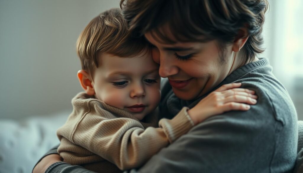 A warm, compassionate scene of an autistic child and their parent sharing a tender, attentive moment. The child sits comfortably, enveloped in the parent's gentle embrace, their faces reflecting a deep, mutual understanding. Soft, diffused lighting casts a soothing glow, creating an atmosphere of safety and trust. The background is blurred, allowing the connection between the two to be the focal point. Subtle, earthy tones and muted colors convey a sense of calm and understanding. The overall composition captures the essence of a gentle, nurturing approach to autism parenting, where the parent's attunement and empathy are the driving forces behind their interactions.