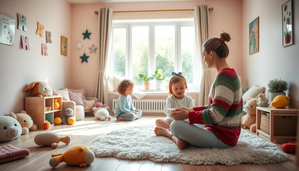 A warm, inviting child's therapy room with pastel walls and plush toys scattered throughout. A cozy window seat overlooking a serene garden. In the foreground, a therapist in a colorful sweater sits cross-legged on a fluffy rug, engaging a young patient in play-based counseling. Soft, natural lighting filters in, creating a soothing ambiance. The room exudes an atmosphere of safety, comfort, and understanding - a nurturing space for a child's emotional well-being. A warm, inviting child's therapy room with pastel walls and plush toys scattered throughout. A cozy window seat overlooking a serene garden. In the foreground, a therapist in a colorful sweater sits cross-legged on a fluffy rug, engaging a young patient in play-based counseling. Soft, natural lighting filters in, creating a soothing ambiance. The room exudes an atmosphere of safety, comfort, and understanding - a nurturing space for a child's emotional well-being.
