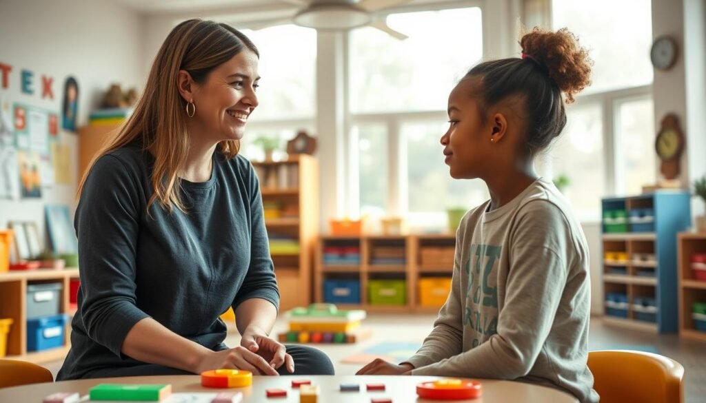A warm, inviting classroom setting with an autism-friendly design. In the foreground, a teacher and a student engage in a calm, nurturing conversation, their body language conveying mutual understanding and respect. The teacher's facial expression is kind and attentive, while the student appears at ease, without any signs of fear or anxiety. The middle ground features colorful, sensory-friendly learning materials and educational tools, carefully arranged to create a structured yet welcoming environment. In the background, a large window allows natural light to flood the space, creating a sense of openness and tranquility. The overall atmosphere is one of trust, collaboration, and a shared commitment to creating a positive learning experience for the student.