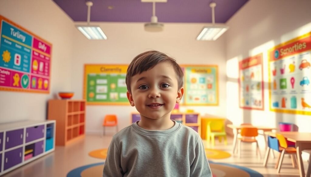 A warm, inviting classroom setting with colorful picture schedules displayed prominently on the walls. The schedules feature clear, simple icons representing various daily activities, arranged in a logical sequence. The images are vibrant and engaging, designed to capture the attention of autistic children. The lighting is soft and natural, creating a calming atmosphere. The camera is positioned at a child's eye level, emphasizing the accessibility and user-friendliness of the visual aids. The overall composition conveys a sense of structure, routine, and support - essential elements for autistic children's learning and development.