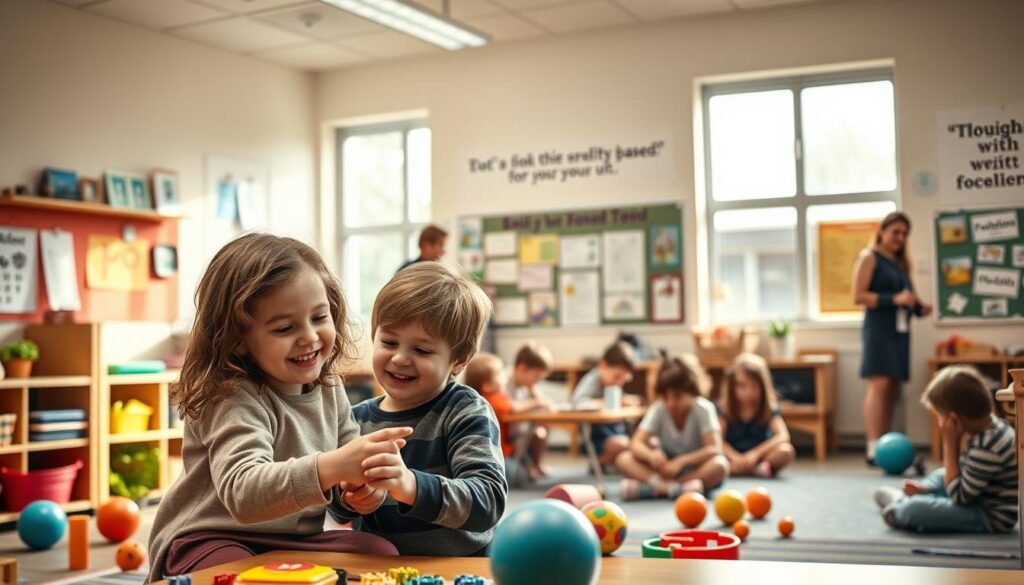 A warm, inviting classroom setting with muted natural lighting filtering through large windows. In the foreground, a young child with autism enthusiastically engages with a teacher, both smiling as they work together on a hands-on learning activity. Motivating visual aids and calming sensory toys are strategically placed around the room, creating a nurturing, structured environment. The middle ground features a diverse group of students working collaboratively, supported by an attentive staff employing positive reinforcement techniques. In the background, inspirational wall displays and achievement certificates highlight the students' progress, emanating a sense of encouragement and growth. The overall atmosphere conveys a holistic, strengths-based approach to supporting autistic individuals.
