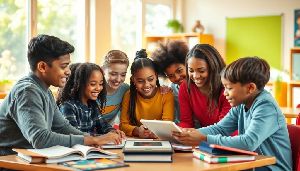A warm, inviting classroom setting with students of diverse backgrounds collaborating on a group project. The foreground features an inclusive group of students, each with unique characteristics, working together on a shared task. The middle ground showcases an array of educational resources, such as books, tablets, and learning materials, symbolizing the inclusive nature of the learning environment. The background depicts a vibrant, sunlit room with large windows, creating a sense of openness and connection to the outside world. The overall atmosphere conveys a welcoming, engaging, and empowering educational experience that celebrates diversity and fosters mutual understanding.