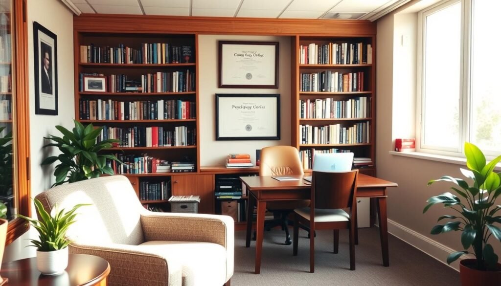 A warm, inviting counseling office with large windows letting in natural light. In the foreground, a cozy armchair and a side table with a potted plant. In the middle ground, a wooden desk with a laptop and a few framed degrees on the wall behind it. In the background, bookshelves filled with various psychology and self-help books, creating a sense of knowledge and expertise. The overall atmosphere is calm, professional, and conducive to open and honest conversations.