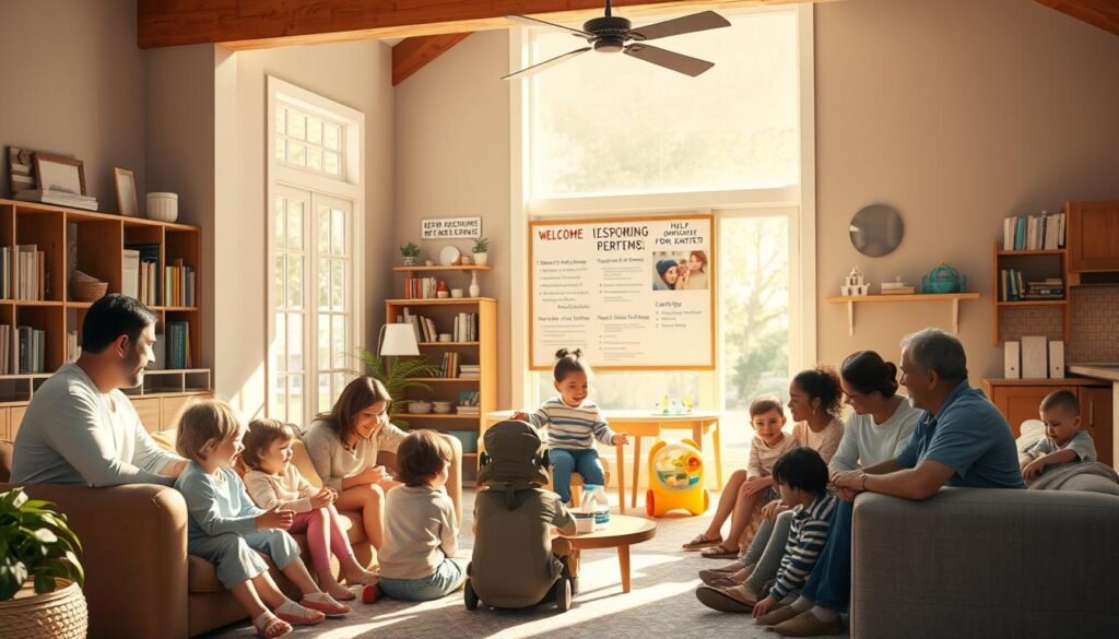 A warm, inviting home interior with a large, open-plan living space. In the foreground, a diverse group of people - parents, caregivers, and children with varying abilities - are gathered around a cozy seating area, engaging in lively conversation and offering mutual support. Soft, natural lighting filters in through large windows, creating a sense of comfort and community. In the middle ground, a bulletin board displays helpful resources, schedules, and inspirational messages, highlighting the organized network of support. The background features bookcases filled with informative literature, a play area with adaptive toys, and a welcoming kitchenette, conveying a holistic, family-centric environment dedicated to empowering and nurturing those with special needs.