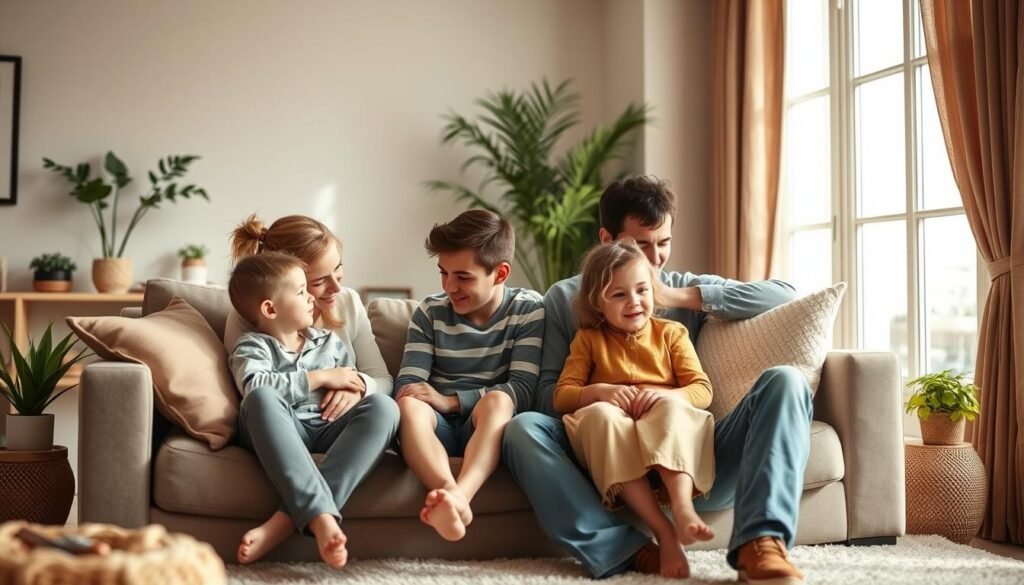 A warm, inviting living room scene with a family of four: a mother and father sitting on a couch, gently interacting with their young son and daughter. Soft, natural lighting filters through large windows, creating a sense of contentment and emotional connection. The parents' body language and facial expressions convey nurturing care and attentiveness, while the children's reactions suggest a range of emotions, from joy to contemplation. Plush cushions, potted plants, and a cozy rug contribute to the overall atmosphere of a loving, supportive home environment. The image should visually communicate the profound impact that parenting styles can have on a child's emotional development.