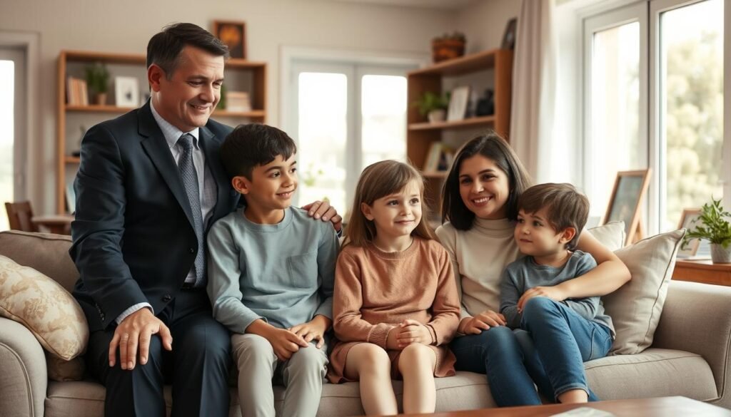 A warm, inviting living room with a family of four - parents and two children - gathered on a cozy couch. The parents have calm, reassuring expressions as they engage with the kids, who appear relaxed and attentive. Soft natural lighting filters in through large windows, creating a soothing atmosphere. In the background, bookcases and family photos suggest a nurturing, supportive home environment. The overall scene conveys a sense of connection, understanding, and strategies for coping with the challenges of family life.