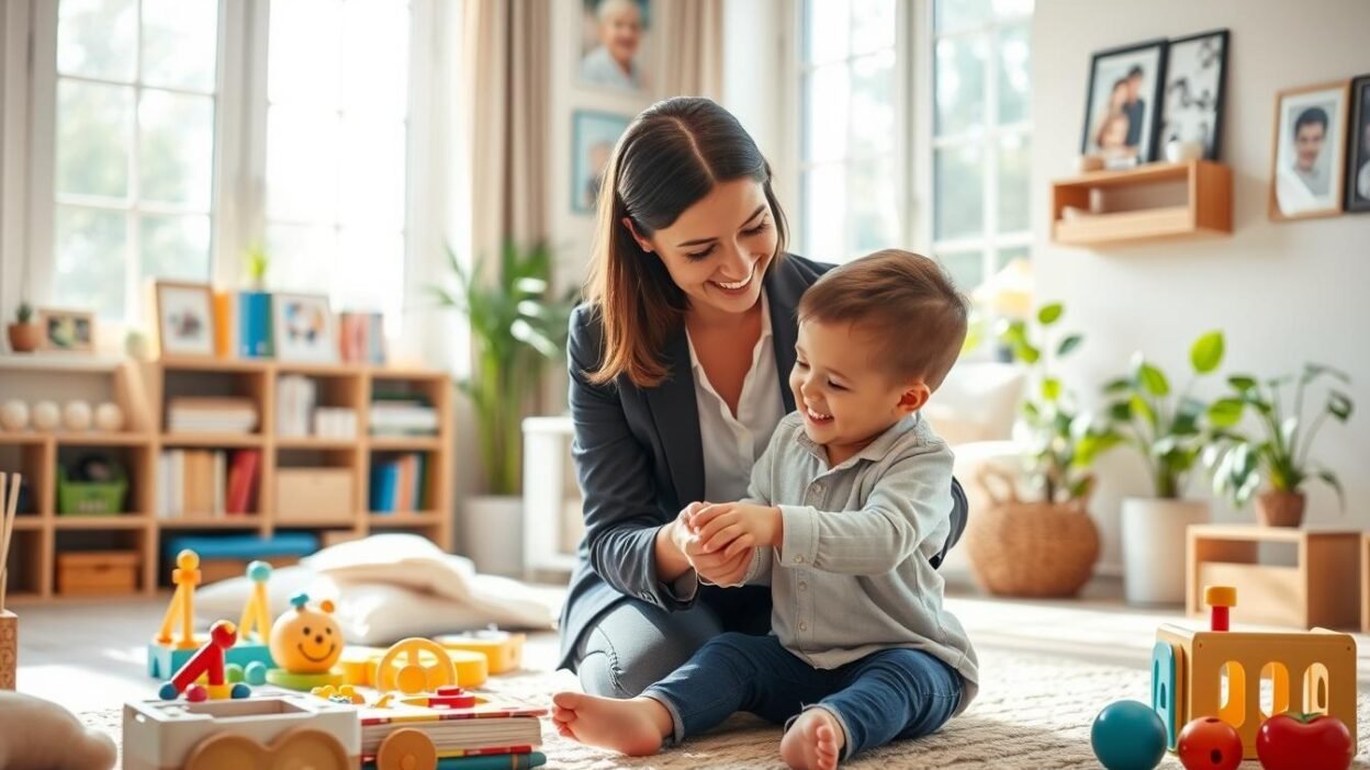 A warm, inviting living room with natural light streaming through large windows. In the foreground, a parent sits on the couch, engaged in playful interaction with a child. The parent's face radiates patience, empathy, and genuine connection. In the middle ground, educational toys, books, and a soothing color palette create a nurturing environment. The background features family photographs and plants, suggesting a sense of security and unconditional love. The overall scene conveys the essence of positive parenting techniques - attentive, understanding, and focused on the child's unique needs and development.
