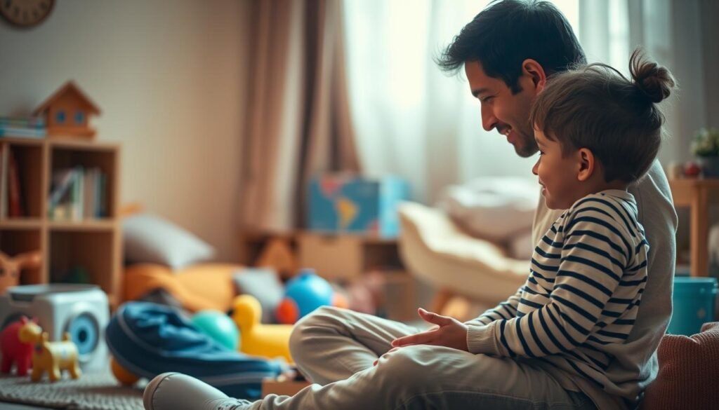 A warm, nurturing scene of a parent and child engaged in thoughtful communication. In the foreground, a parent sits cross-legged, their expression attentive and caring as they lean in to listen to their autistic child. The child's body language is relaxed, their gaze meeting the parent's eyes, conveying a sense of trust and connection. The middle ground features toys, books, and other sensory objects that facilitate interactive play and learning. The background is softly blurred, creating a cozy, intimate atmosphere, with muted, earthy tones that evoke a sense of calm and understanding. Gentle, diffused lighting illuminates the figures, emphasizing the bond and mutual understanding between parent and child.