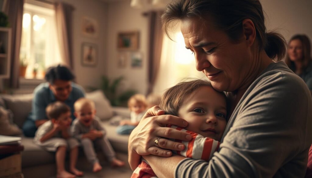 A warm-toned, atmospheric scene depicting the challenges and complexities of special needs parenting. In the foreground, a weary but loving parent tenderly embraces their child with special needs, their expressions conveying a mix of joy, exhaustion, and determination. In the middle ground, the family dynamic unfolds, with siblings playing, a grandparent offering support, and the parent navigating various therapeutic and educational resources. The background showcases a cozy, intimate home environment, softly lit by natural light, hinting at the resilience and adaptability required in this journey. The overall mood is one of quiet strength, vulnerability, and the profound bond that transcends the daily struggles of special needs parenting.