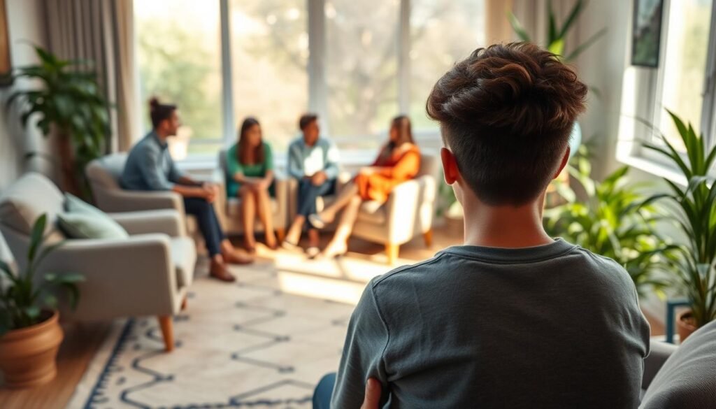 A warm, welcoming therapy office with cozy armchairs, a soft rug, and lush plants. Through a large window, a diverse group of people are gathered, engaged in open and empathetic conversation. The lighting is soft and diffused, creating a calming atmosphere. In the foreground, a young person is seated, expressing vulnerability and trust. The overall scene conveys a sense of acceptance, understanding, and the power of therapy to address stigma and promote mental wellness.