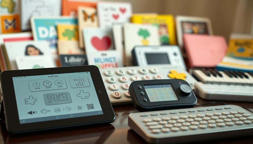 A well-lit, close-up scene depicting an assortment of communication tools for individuals with autism. In the foreground, a tablet displaying a simple augmentative and alternative communication (AAC) app with intuitive icons and symbols. Alongside it, a touchscreen communication board with large, tactile buttons. In the middle ground, a handheld speech-generating device with a clear display and easy-to-use controls. In the background, a variety of low-tech options like picture cards, communication books, and specialized keyboards. The overall atmosphere is calm, inviting, and focused on accessibility, empowering individuals to express themselves effectively.