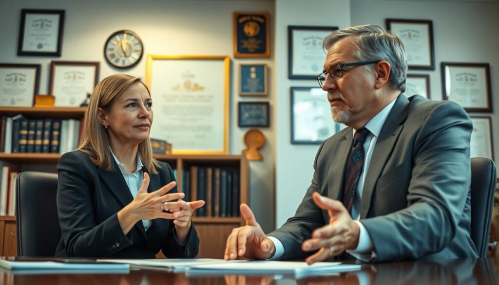 A well-lit office setting, with a professional woman in business attire sitting at a desk, deep in conversation with a middle-aged man in a suit. The woman's expression is attentive and engaged, while the man's body language conveys openness and rapport. The background features bookshelves, awards, and diplomas, suggesting an environment of expertise and trust. Soft, warm lighting casts a welcoming glow, and the camera angle is at eye level, creating a sense of inclusion and collaboration. The overall mood is one of constructive dialogue and productive problem-solving.