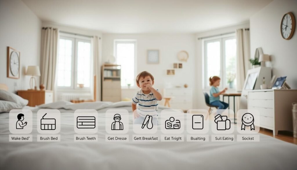 A well-organized visual schedule depicting the essential morning routine for an autistic child. The foreground features a series of simple icons or pictograms representing daily tasks like waking up, brushing teeth, getting dressed, and eating breakfast. The middle ground showcases the child actively engaged in these activities, surrounded by a clean, minimalist home interior with natural lighting filtering in through large windows. The background subtly conveys a sense of structure and predictability, with a calendar, clock, and other organizational aids visible. The overall mood is calm, focused, and empowering, encouraging the child to confidently navigate their morning with independence and confidence.
