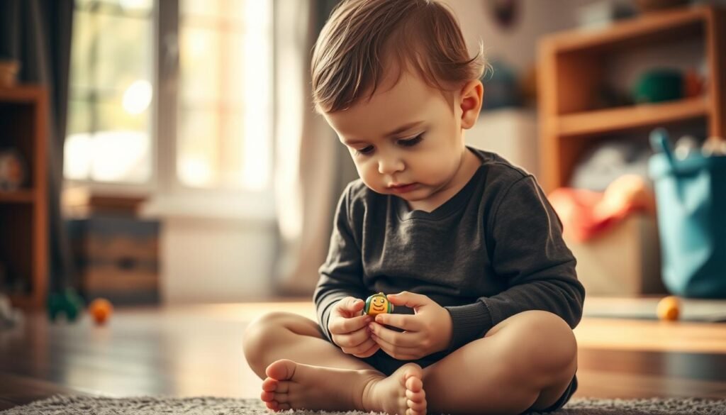 A young child sitting cross-legged on the floor, intently observing a toy or object in their hands. Their facial expression is focused and curious, with brows furrowed in concentration. The background is a cozy, domestic setting with warm, natural lighting filtering through a window, casting a soft glow. Hints of toys or books in the periphery suggest an environment conducive to learning and exploration. The overall scene conveys a sense of wonder, introspection, and the early stages of behavioural development.